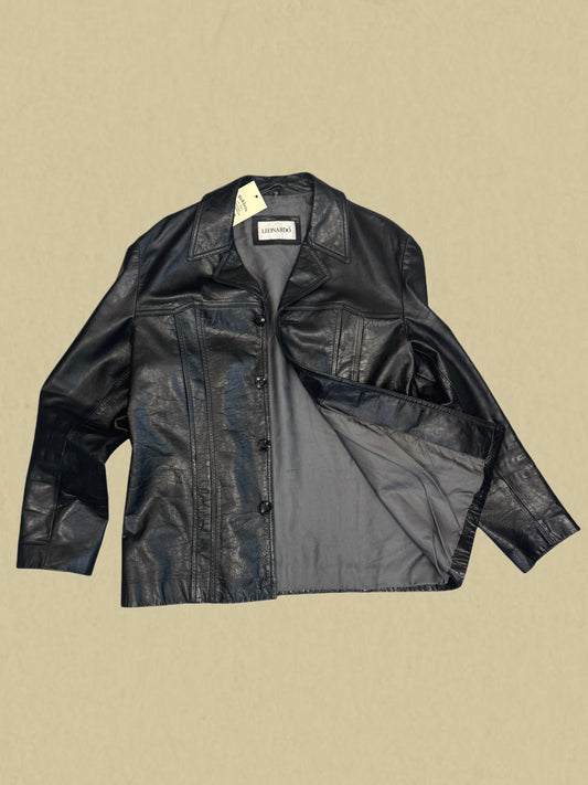 Schwarze Echtlederjacke im Hemd-Stil von Leonardo