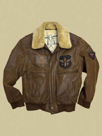 Vintage Fliegerlederjacke mit Fellkragen & Patches