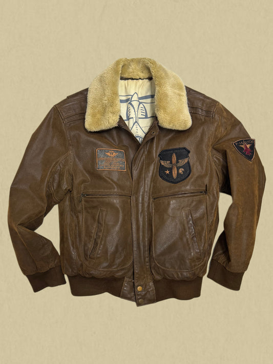 Vintage Fliegerlederjacke mit Fellkragen & Patches