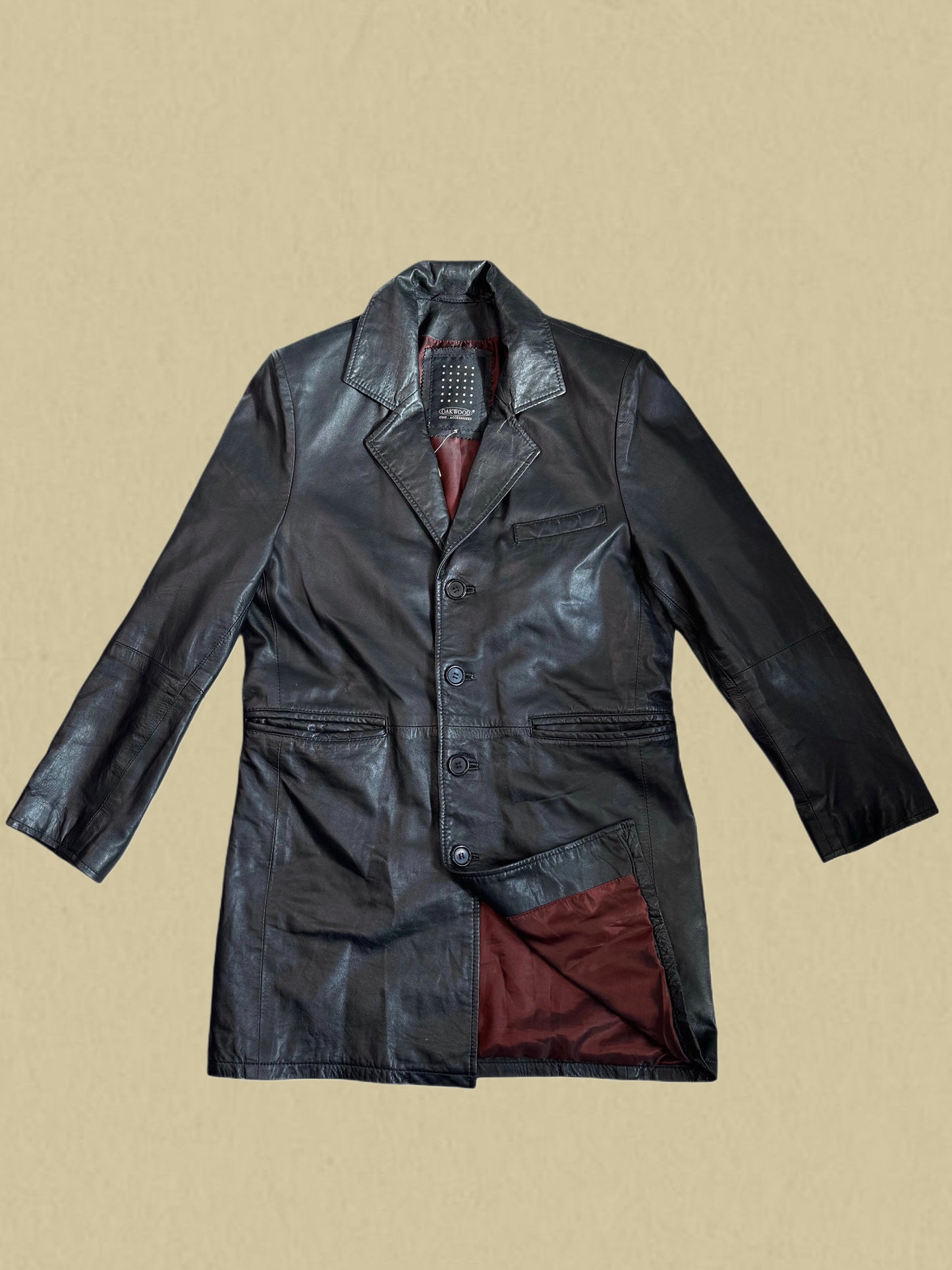 Langer Vintage-Ledermantel in Schwarz von OAKWOOD